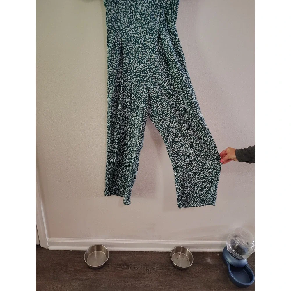 Blue Rain Teal Floral Wide Leg Jumpsuit XS Flutter Sleeve V-Neck Back Tie Cutout